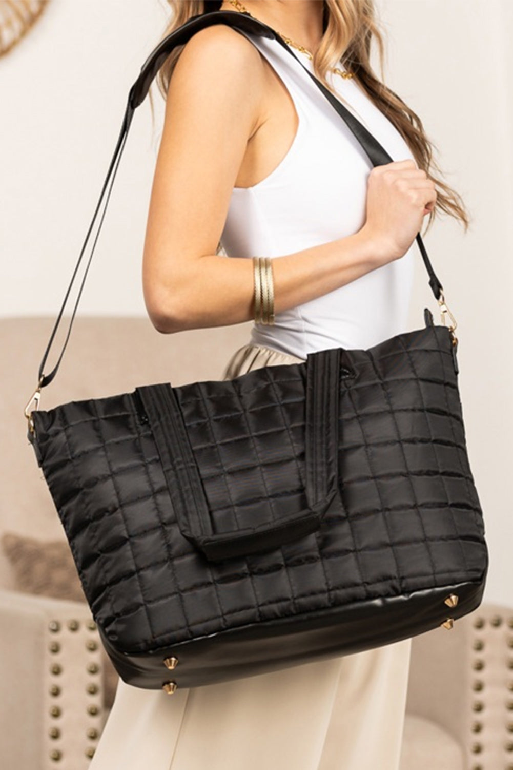 Black Quilted Patchwork Large Tote Bag and Clutch 2pcs Set 7c38cc850545f3e2