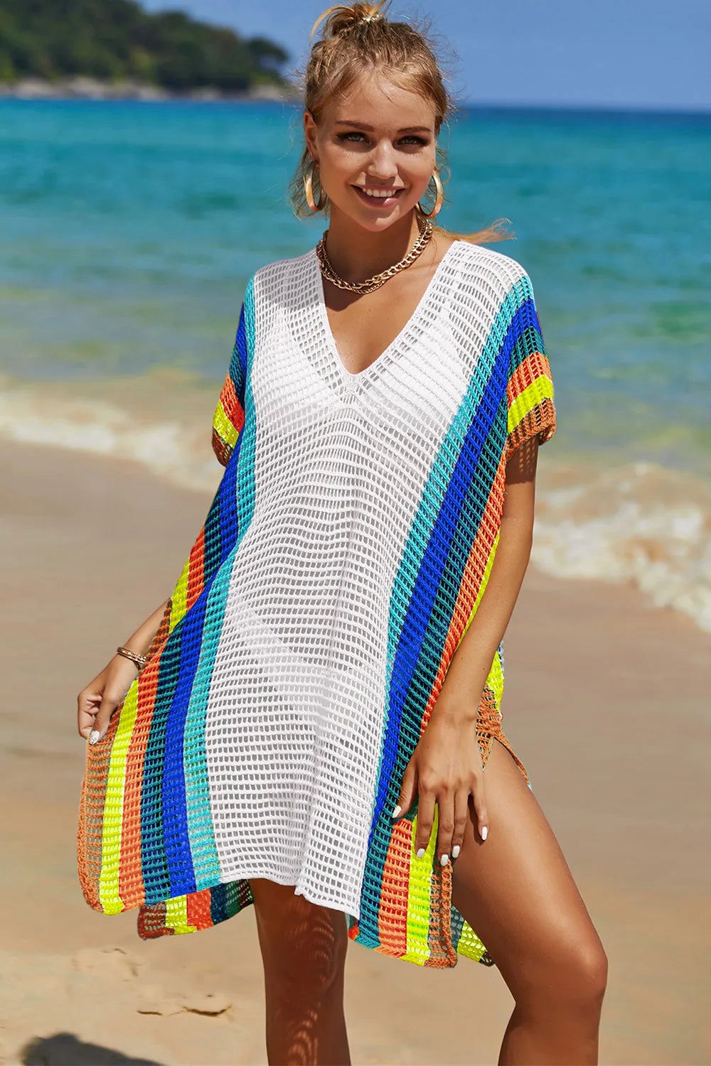 Angel Wings Openwork Striped Slit Knit Cover Up 7c39197d-82b3-4319-89bf-274485810b7b-Max