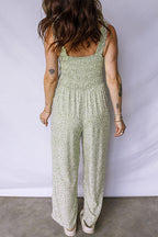 Green Smocked Bodice Square Neck Sleeveless Floral Jumpsuit 7c3c4117d39f749e