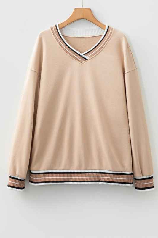Varsity Contrast Stripe Trim V-Neck Sweatshirt Parchment 7c3db685-5cd9-46b3-bfb1-b90636406b83