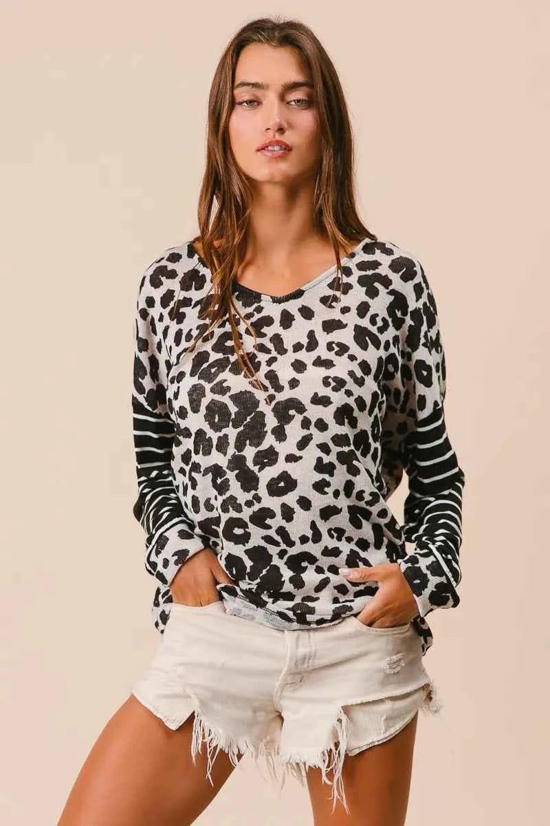 BiBi Leopard Hacci Knit Twist Back Top With Stripe Sleeve 7c47737bc1c44b349609e21e97992d64-Max-Origin