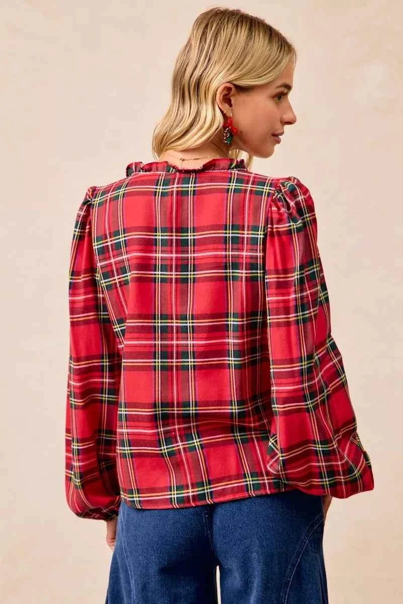 Christmas Plaid Balloon Sleeves Ruffled V-Neck Top 7c47f5feebed4fd191d9d51da4d45f9b-Max-Origin