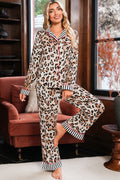 Khaki Leopard Print Colorblock Striped Patchwork Shirt and Pants Pajama Set Khaki 100%Viscose 7c491f6afa5ee009