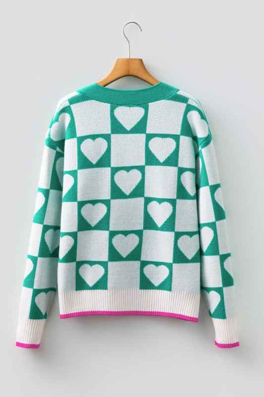 Valentine Heart Checker Buttoned V-Neck Cardigan 7c52eb4d-f3ac-42e6-acf5-441ef2c2f81a