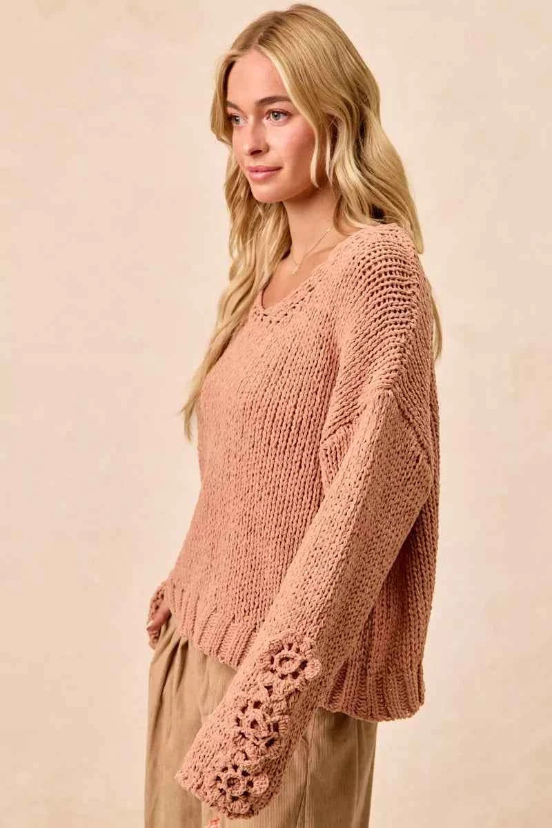 BiBi Chunky Knit Sweater with Flower Detail Sleeves 7c54aaf2ecba47d6ab41a9a59b9f4245-Max-Origin
