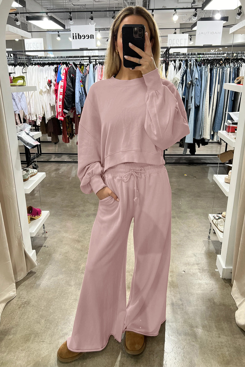 Flamingo Drop Shoulder Crop Pullover Drawstring Wide Leg Pants Set 7c573cd591ff534c