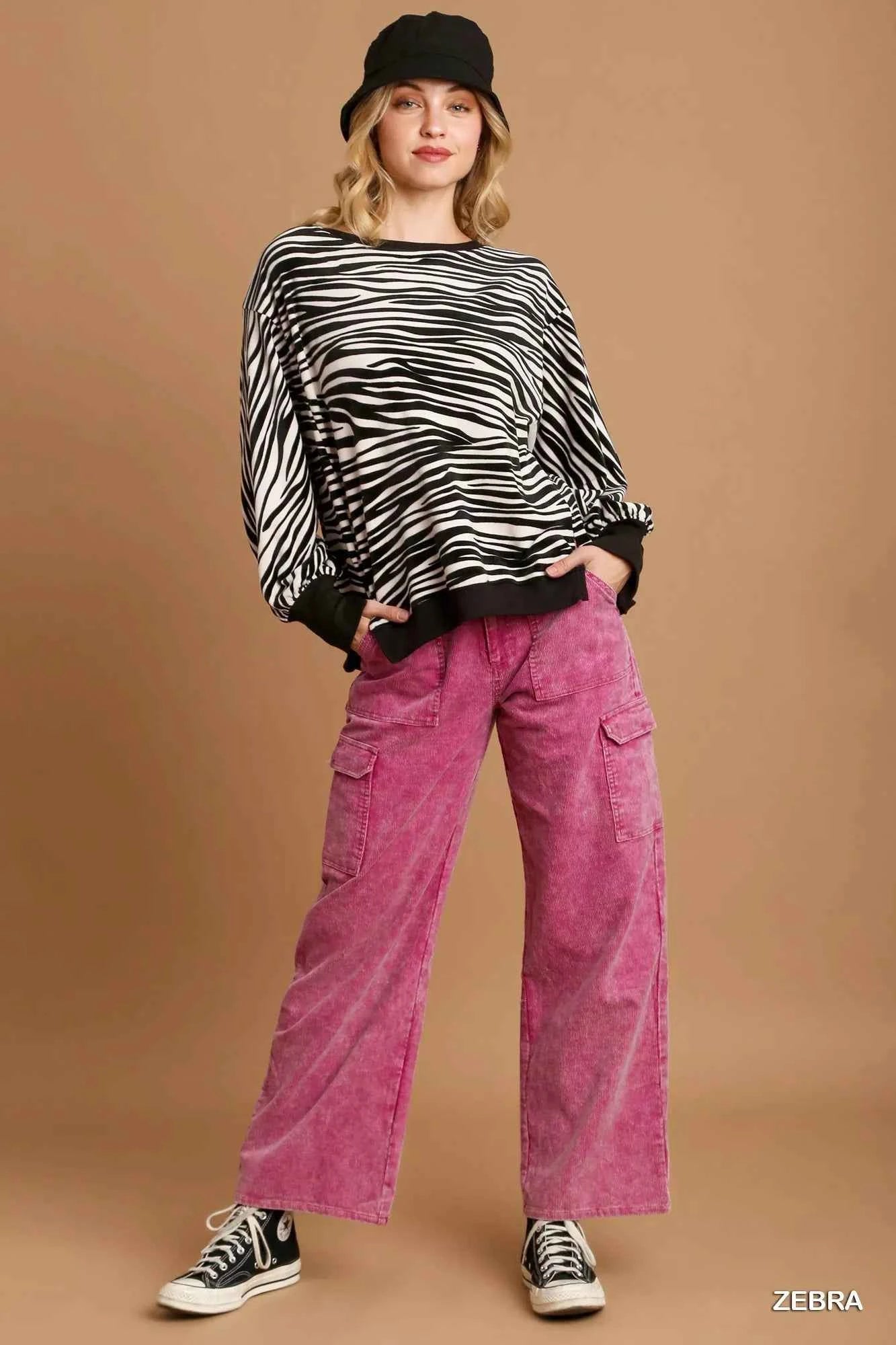 Umgee Zebra Striped Fleece Pullover Sweater Shirt 7c5a9a1b-b11e-4287-8e81-0b339441b3e6-Max-Origin