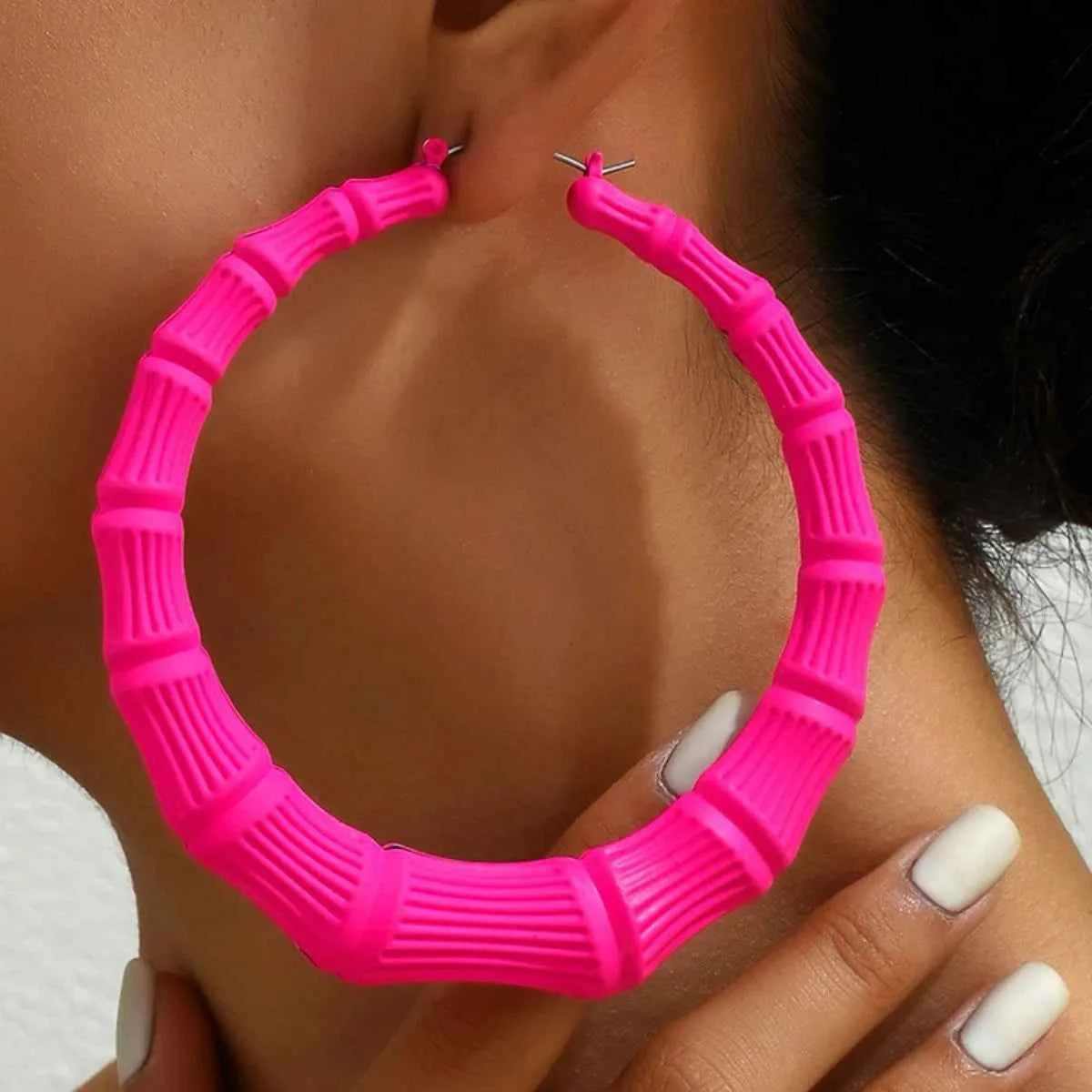 Stainless Steel Textured Hoop Earrings Hot Pink One Size 7c5dcbbc-6989-48c8-822f-e2f64c9051be-Max-Origin