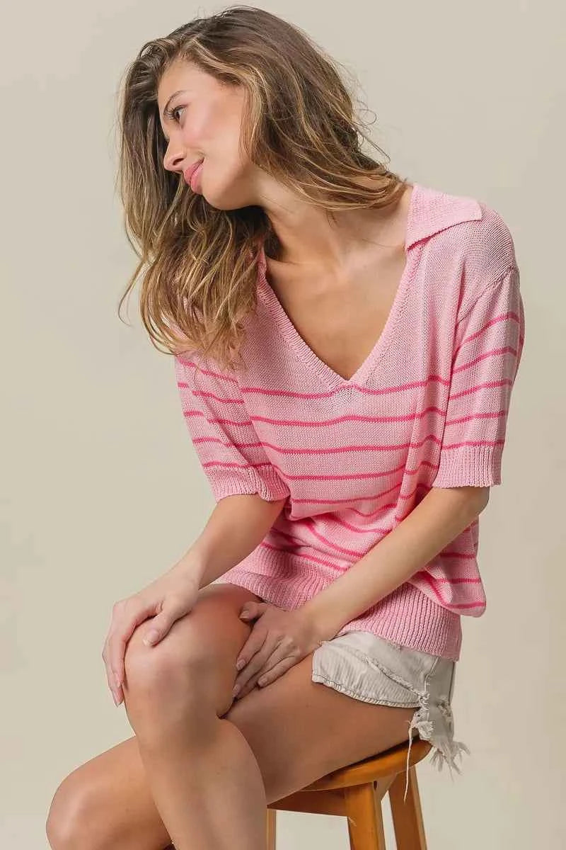 BiBi Stripe Short Sleeves Collared V Neck Top 7c63a984db44461e9915214e6c2bdf12-Max-Origin