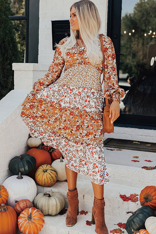 Khaki Floral Print Ruffled Tiered Long Sleeve V Neck Midi Dress 7c63d28c81552df5