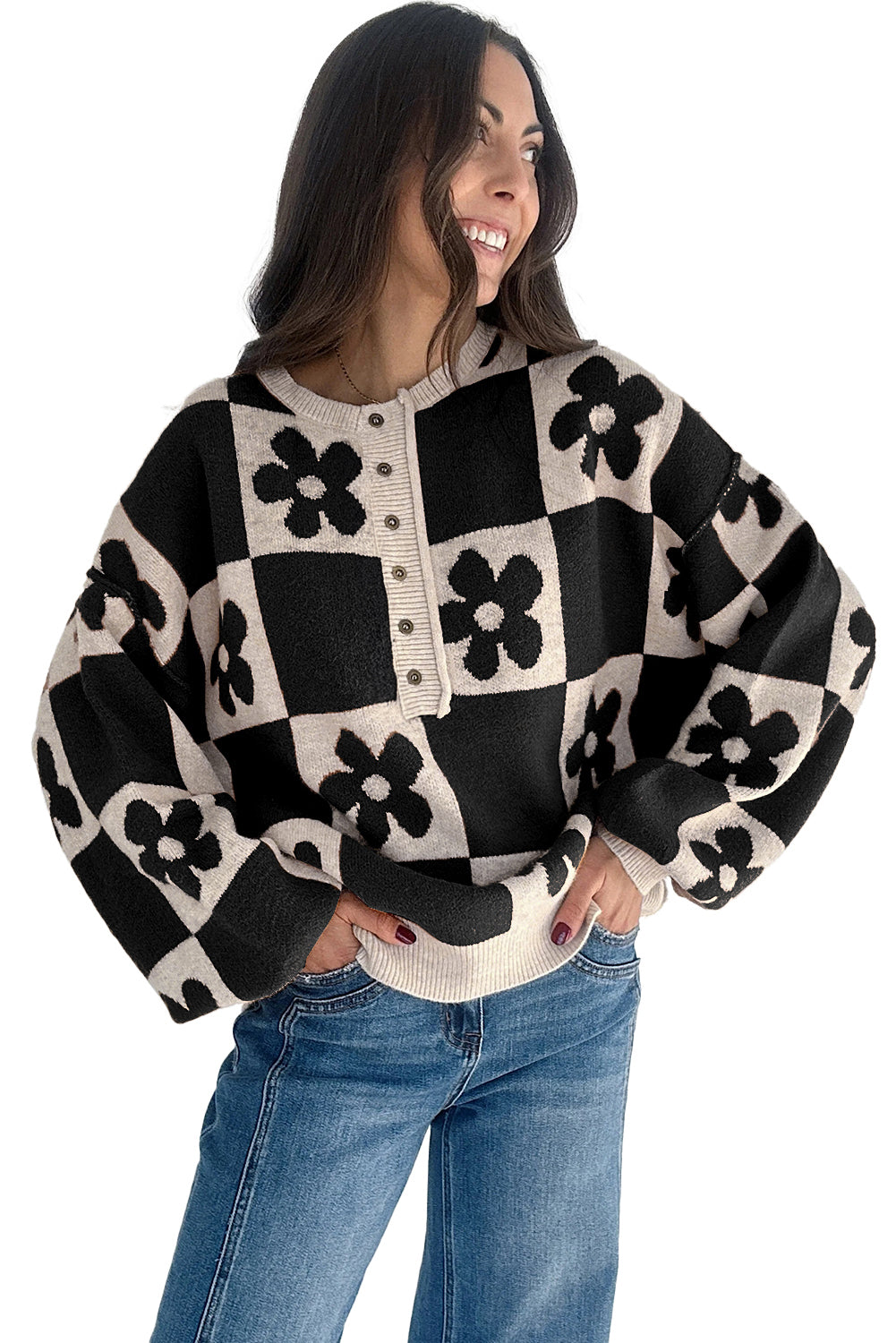 Red Dahlia Flower Colorblock Checkered Henley Sweater 7c642193b6e6c226