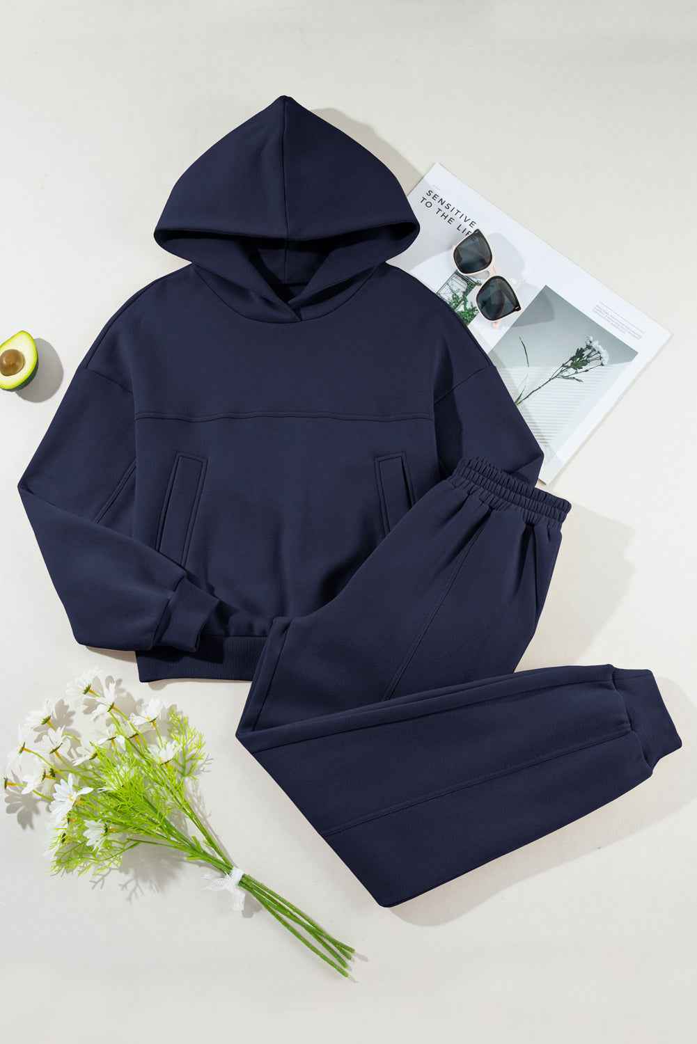 Navy Blue Solid Exposed Seams Hoodie and Joggers Activewear Set 7c65cc78ada85552