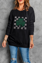 Black Rhinestone Checkerboard Clover Graphic St Patrick Sweatshirt 7c6bc40b4b30f52f