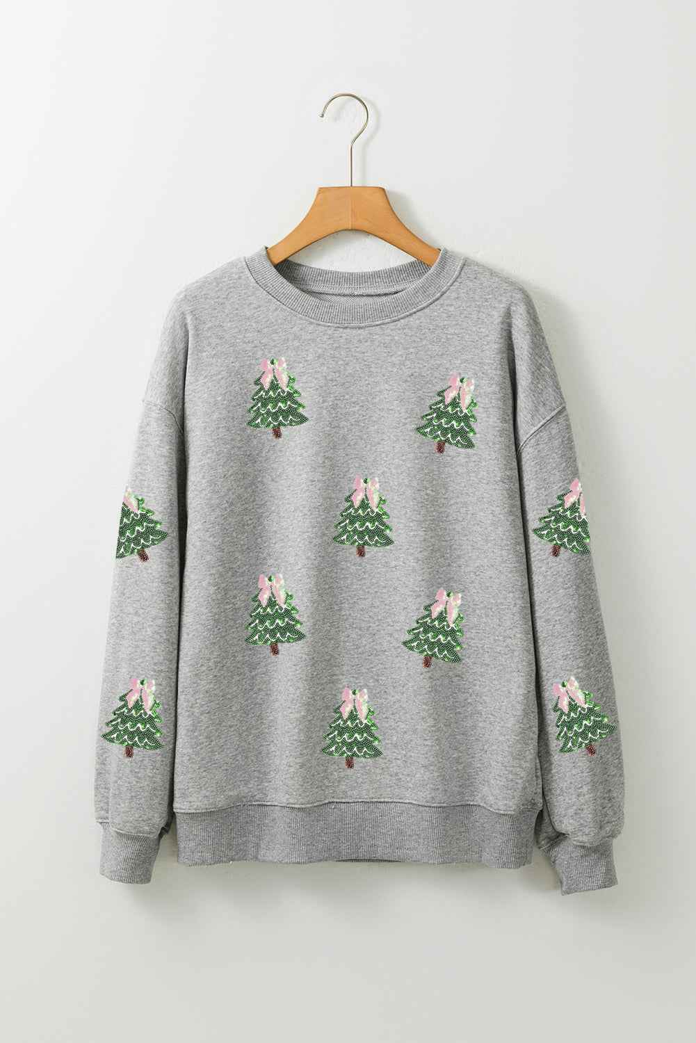 Pink Sequined Xmas Tree Patched Patterned Holiday Pullover Sweatshirt