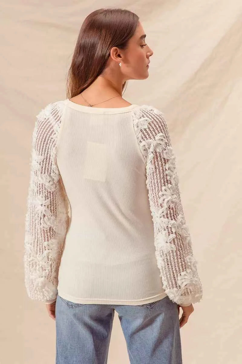 SO ME Rib Knit Top with Lace Balloon Sleeves 7c767cd56cfe412f96fd0a354fd93a19-Max-Origin