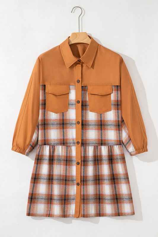 Plaid Patchwork Pocketed Ruffle Hem Shirt Dress 7c7b6fae-d439-466a-b10d-db4c8f9b2b5f