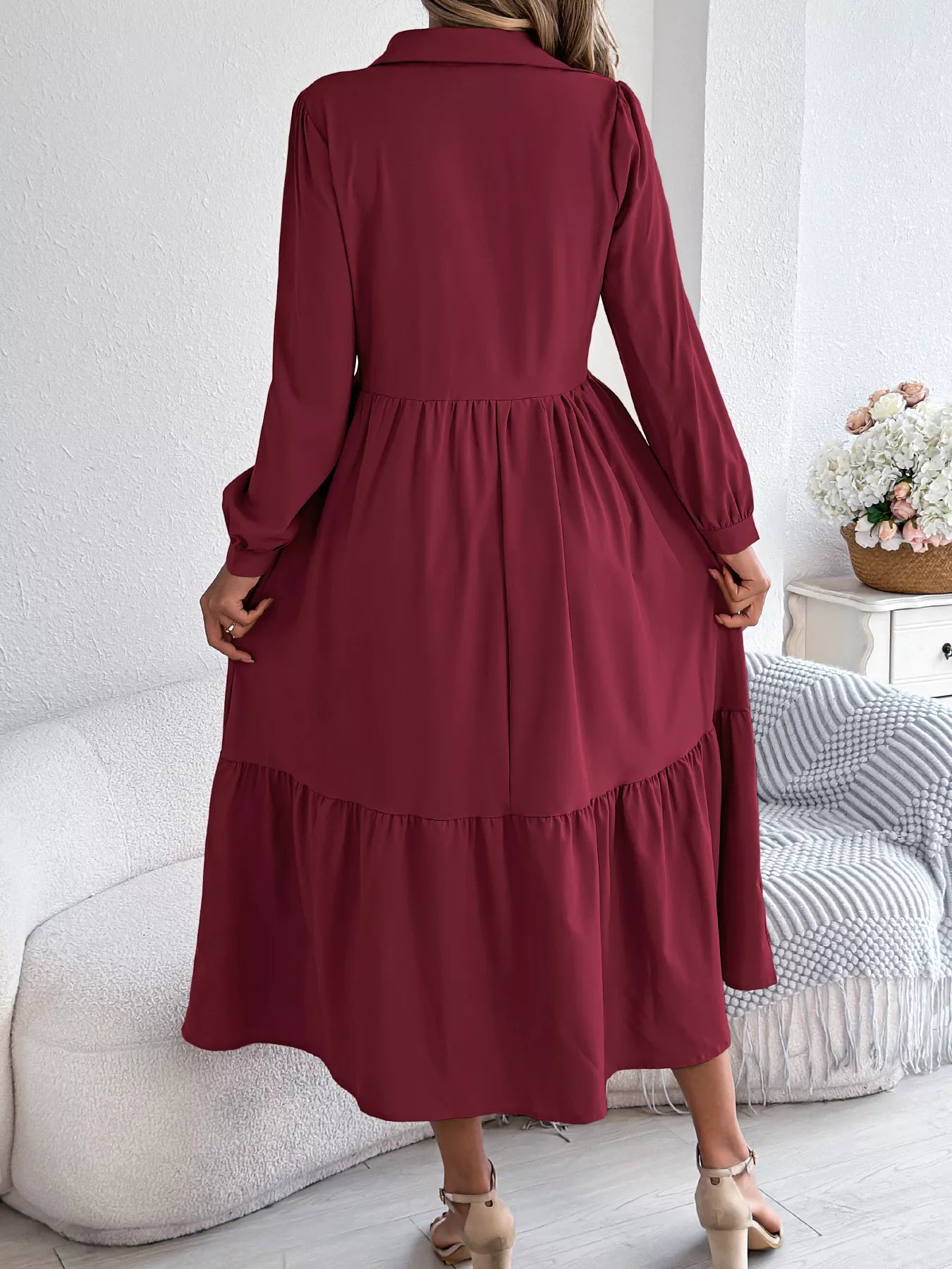 Long Sleeve Tiered Button Front Midi Dress 7c7ec30ce40845b3a03f1983f02c413f-Max-Origin