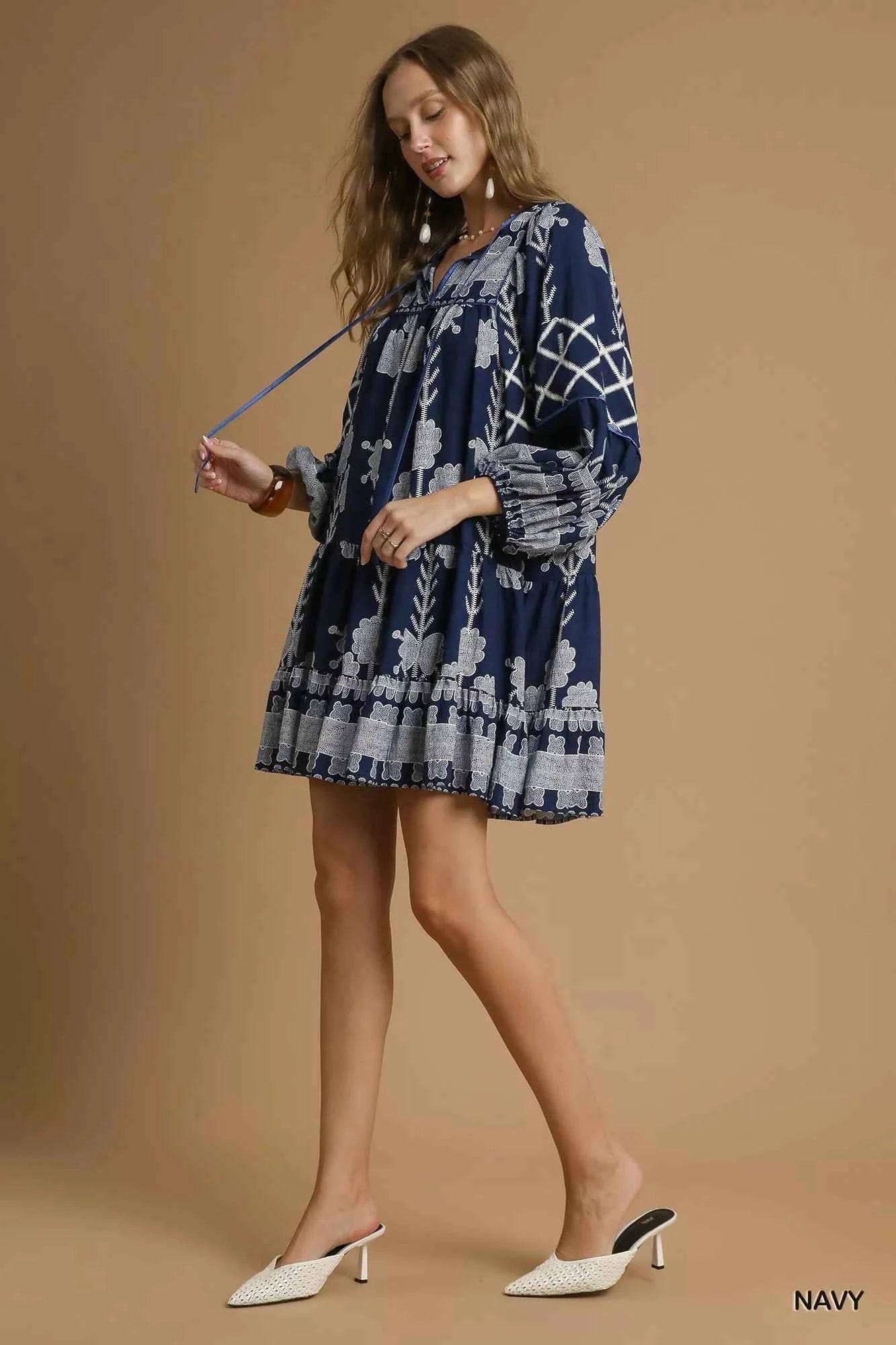 Umgee Tribal Print Dress with Tie Neck 7c7ec881-6549-4da6-9ac2-178f0f217717-Max-Origin
