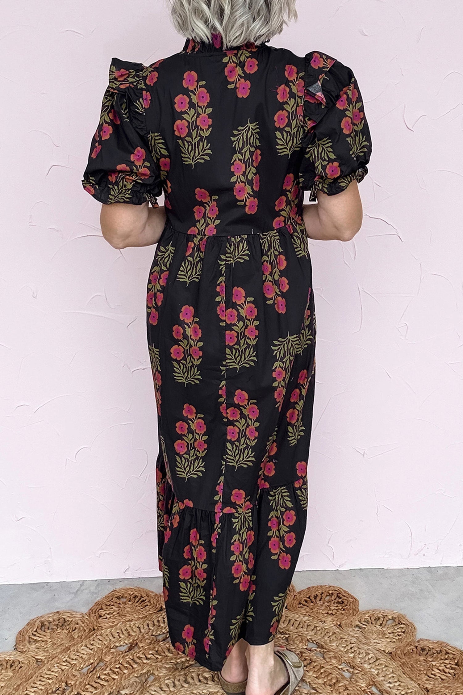 Black Floral Short Bubble Sleeve Tiered Maxi Dress 7c80869587294d94