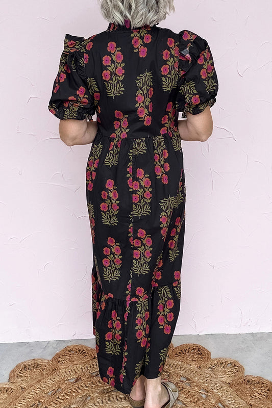 Black Floral Short Bubble Sleeve Tiered Maxi Dress 7c80869587294d94