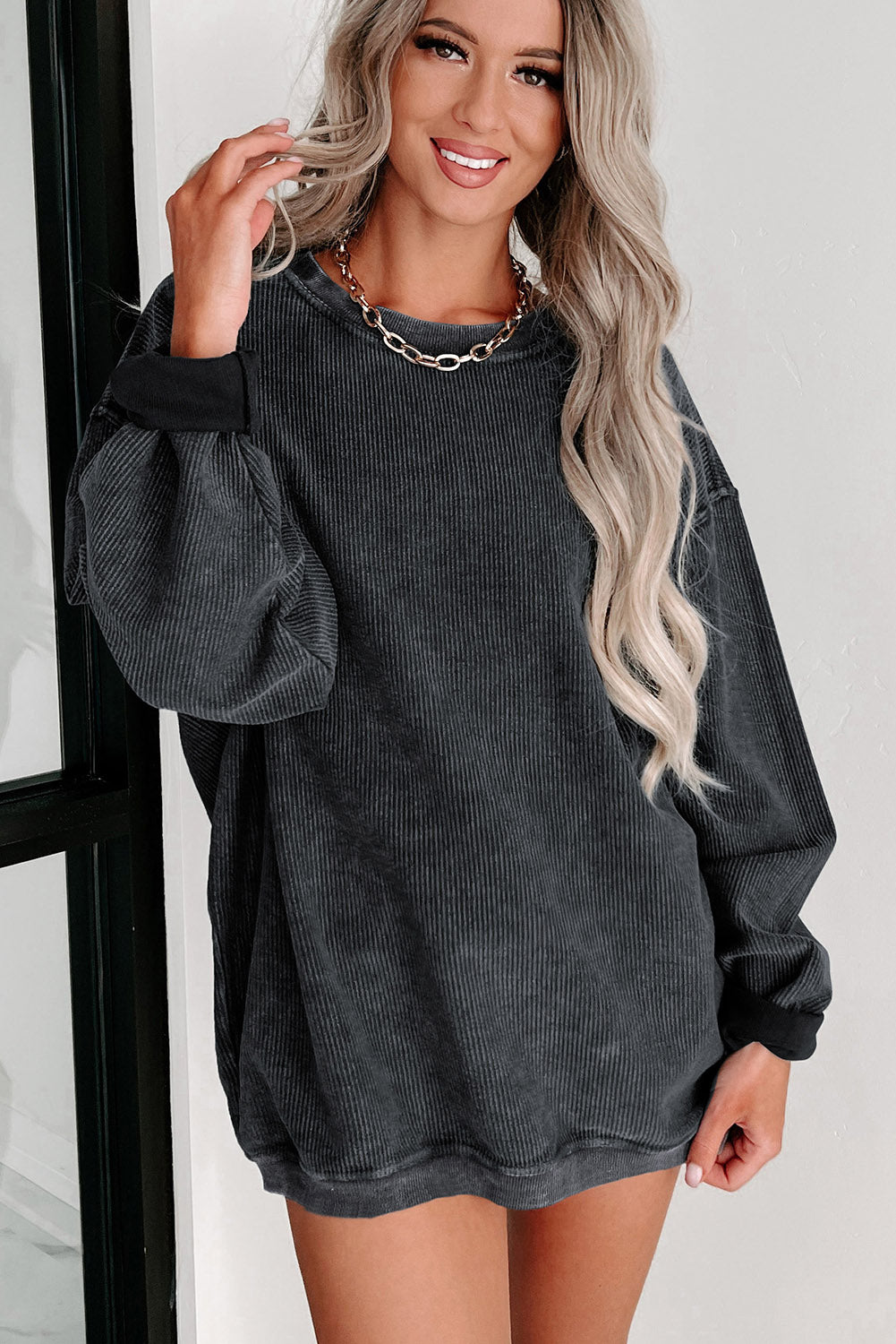 Green Ribbed Round Neck Drop Sleeve Pullover Sweatshirt 7c81af8f2174aace