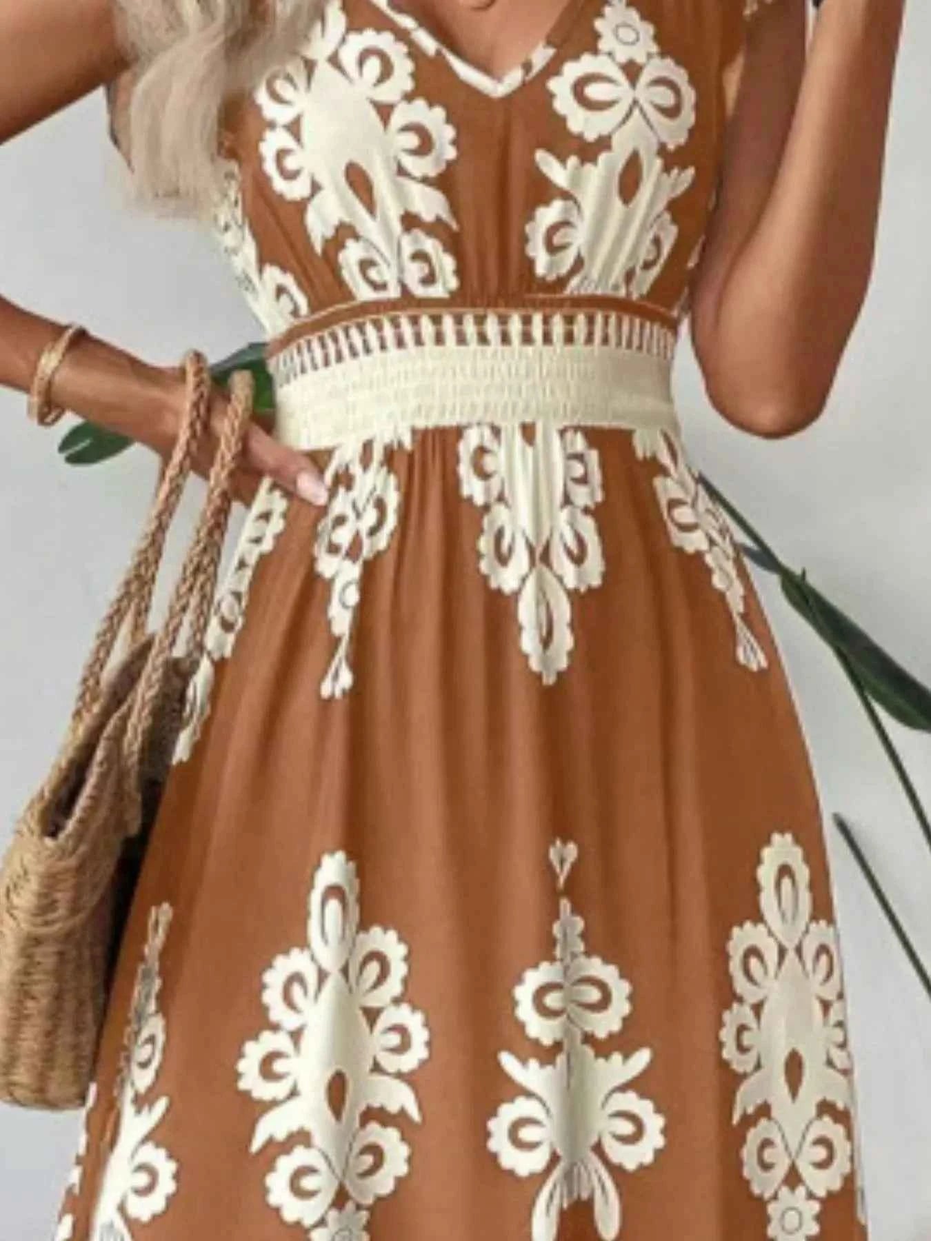 Printed V-Neck Ruffled Cap Sleeve Dress 7c865bec-9347-4b91-bcdb-ecd6bd98dfdd-Max-Origin