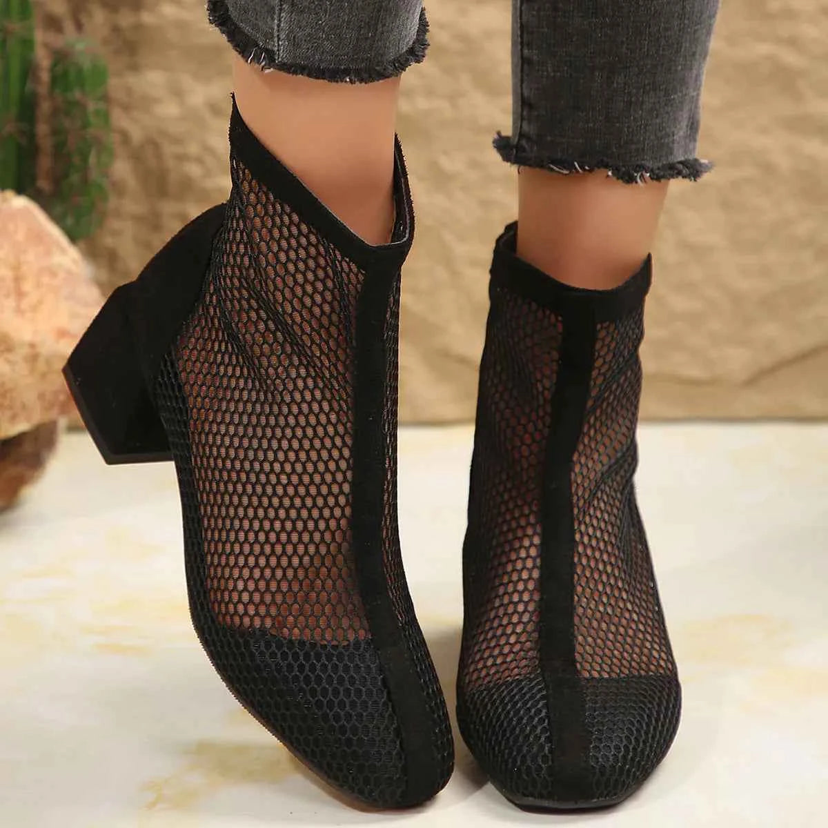 Mesh Block Heel Boots Black 7c870977098d4431b337b87a819c520f-Max-Origin