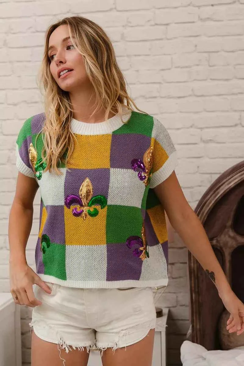 BiBi Sequin Embroidery Mardi Gras Checker Sweater Top 7c88055fda6945bcbb2bce171e2b7c97-Max-Origin