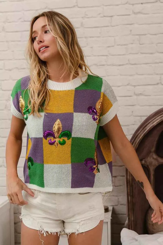 Sequin Embroidery Mardi Gras Checker Sweater Top 7c88055fda6945bcbb2bce171e2b7c97-Max-Origin