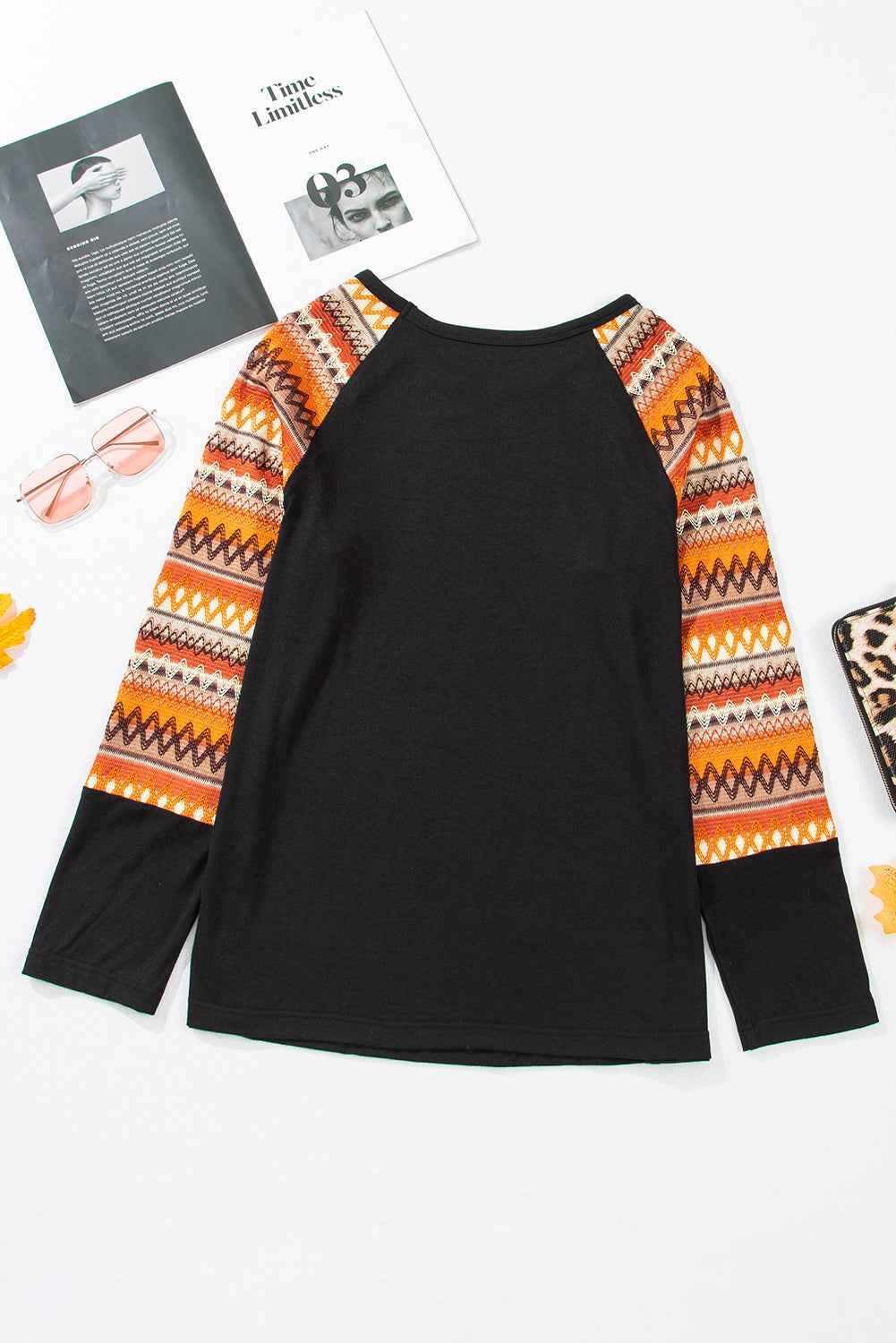 Orange Leopard Pumpkin Sequins Patch Contrast Long Sleeve Top Orange 65%Polyester+30%Viscose+5%Elastane 7c897b4d078e6be8