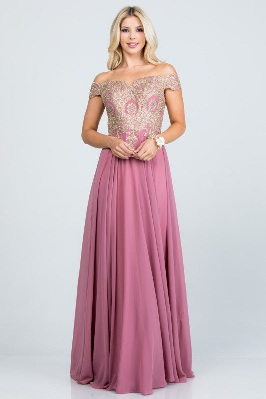 Off Shoulder Evening Gown – Gold Lace Appliqué Chiffon Dress for Women Mauve 7c8b067c-216e-4d97-85a7-3da72e646763