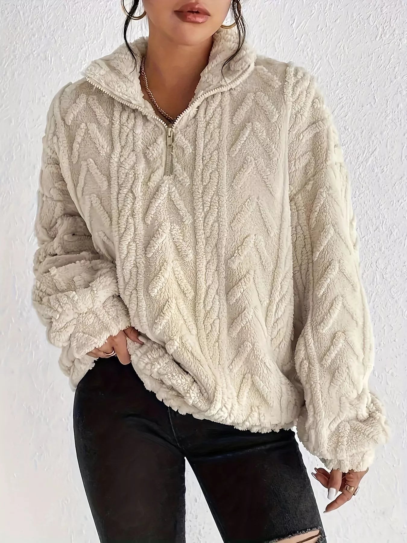 Quarter Zip Dropped Shoulder Sherpa Sweatshirt Apricot 7c8be2908a0b418a800de2a7d5f30931-Max-Origin