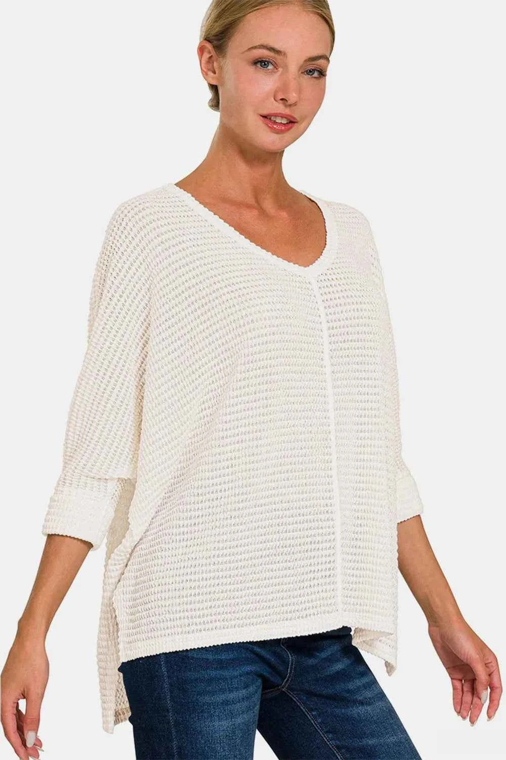 Full Size Round Neck High-Low Slit Knit Top 7c8d8bbe-e22a-4a39-83ec-efdc1e84d62b-Max