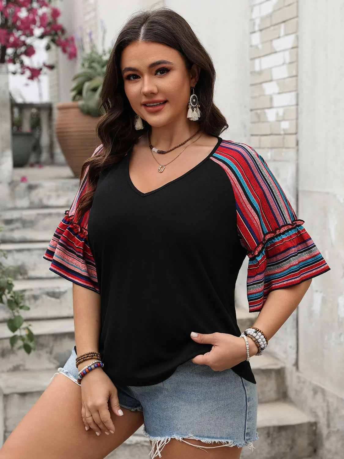 Plus Size V-Neck Flounce Sleeve Top 7c8efa75-6c33-4b07-965f-f16249f7e5bb-Max-Origin