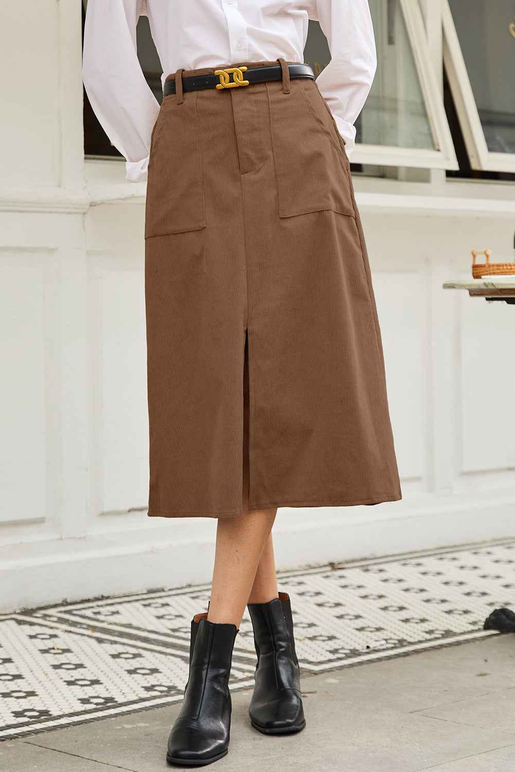 Black Front Slit Shift High Waist Midi Skirt 7c93e03e784ab513