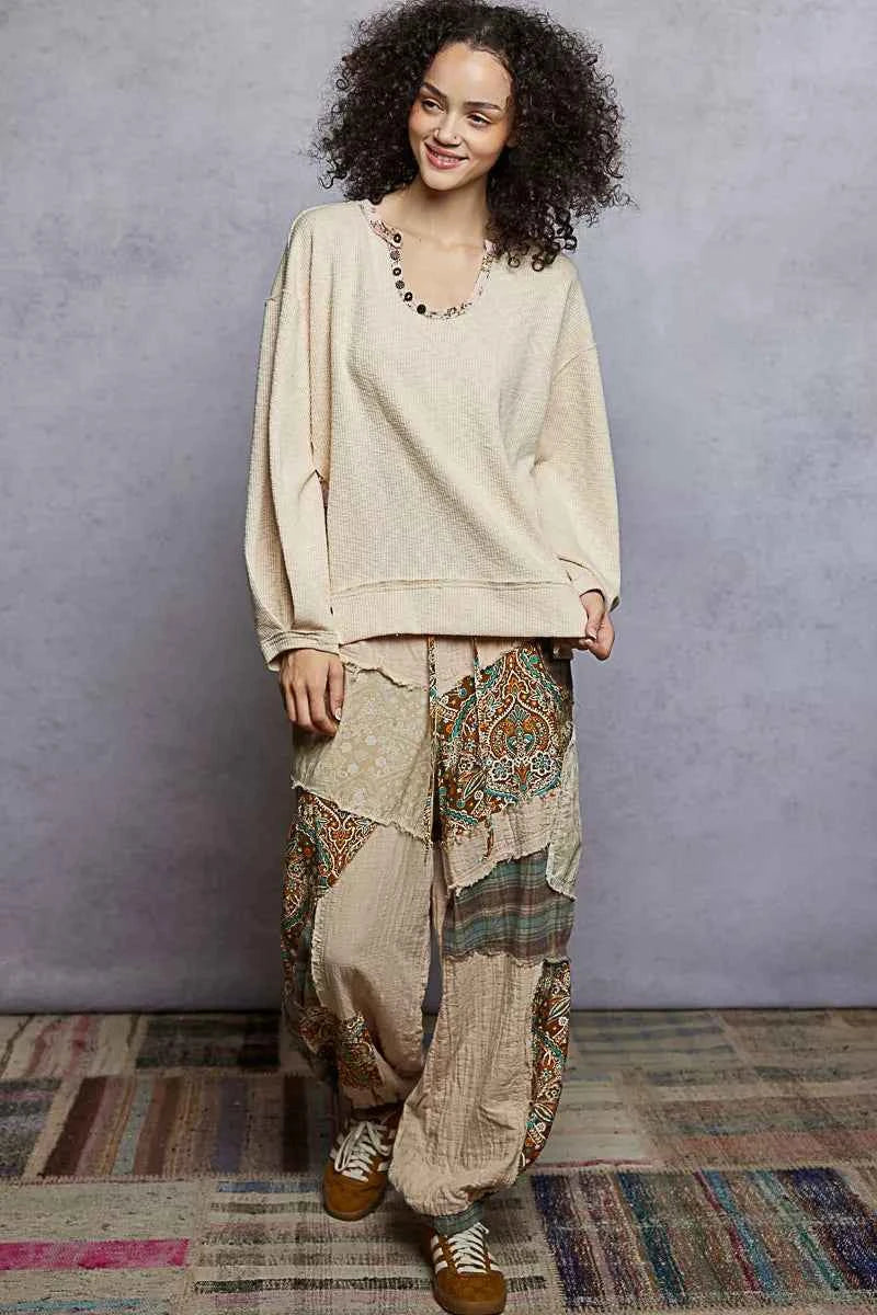 POL Balloon Sleeve Oversized Ribbed Top with Floral Pattern Contrast 7c943489-c921-4ee2-ba6e-54cd22380d24-Max-Origin