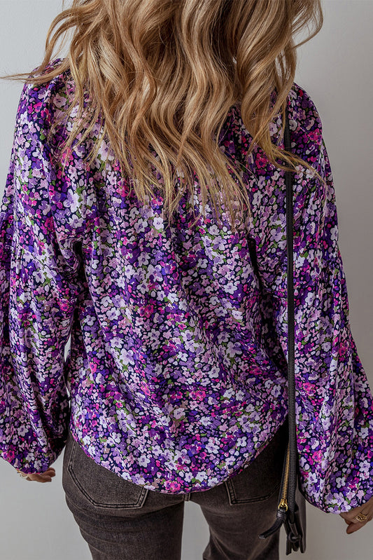 Purple Bo Ditsy Floral Split V Neck Bubble Sleeve Blouse