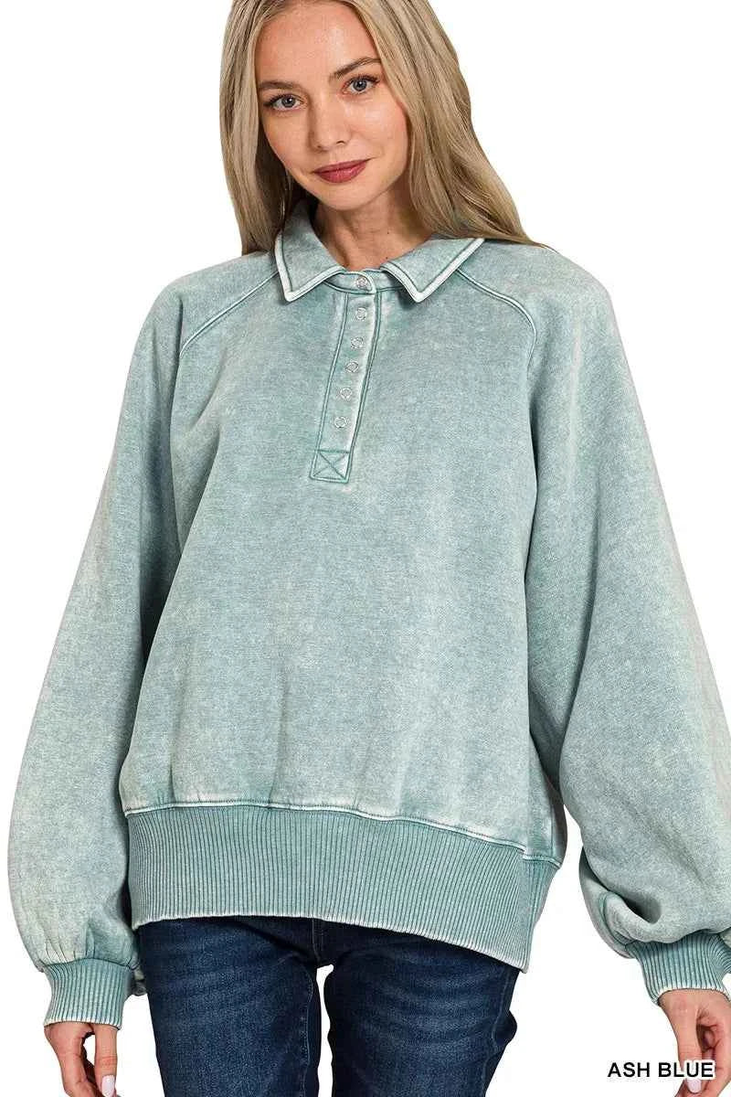 Zenana Acid Wash Fleece Collared Sweatshirt 7c98f5fb92db43e0b8882679b47e0062-Max-Origin