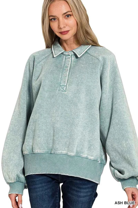Zenana Acid Wash Fleece Collared Sweatshirt 7c98f5fb92db43e0b8882679b47e0062-Max-Origin