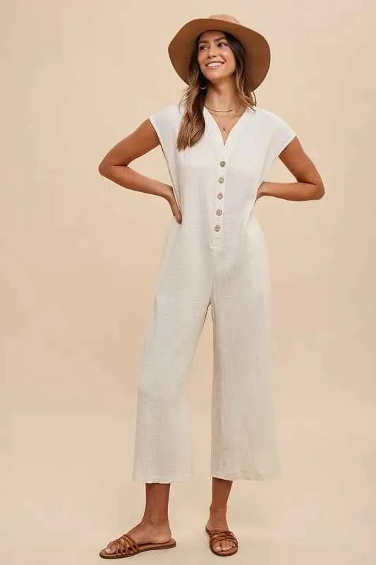Button Detail Wide Leg Jumpsuit with Pockets Cream 7c9d1936-4733-4166-b6ce-e60b776e347d-Max
