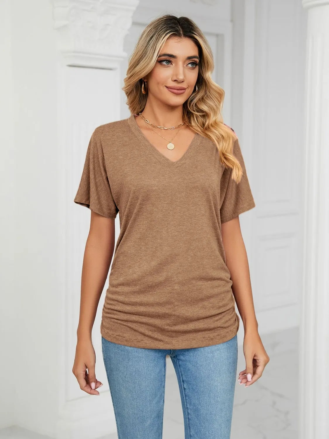 V-Neck Short Sleeve T-Shirt Taupe 7ca20b59-5e78-4079-9a67-a60da725a599-Max-Origin