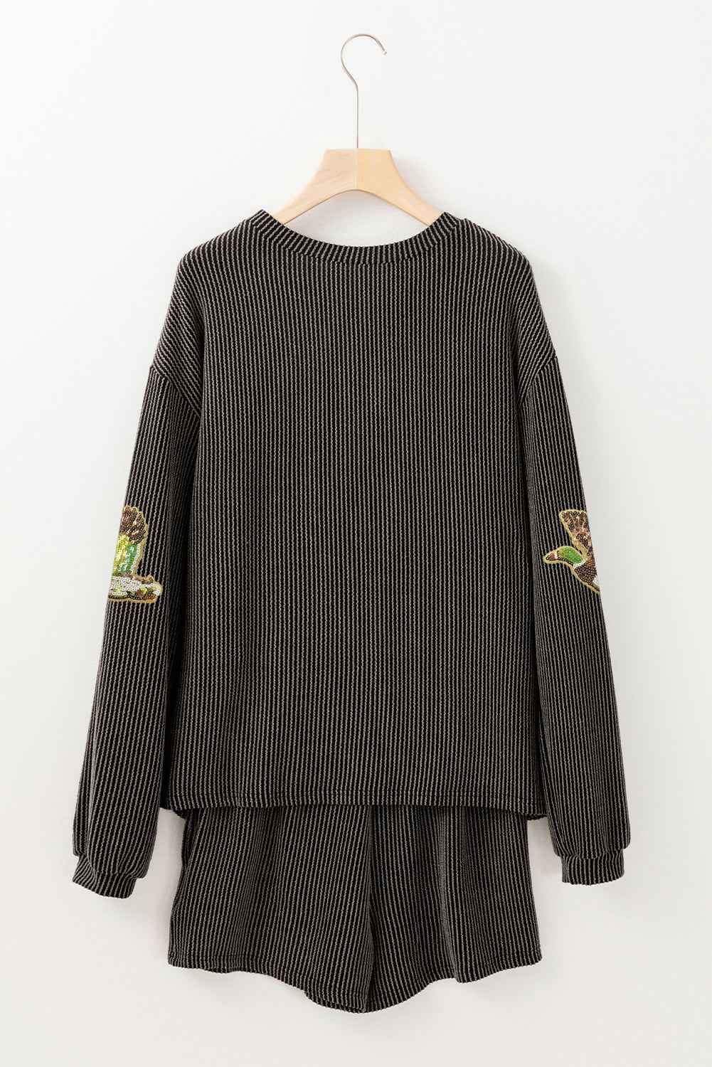 Carbon Grey Ribbed Long Sleeve Top and Shorts Flying Mallard Sequin Patched Graphic Set 7ca2853ceb21ea3a