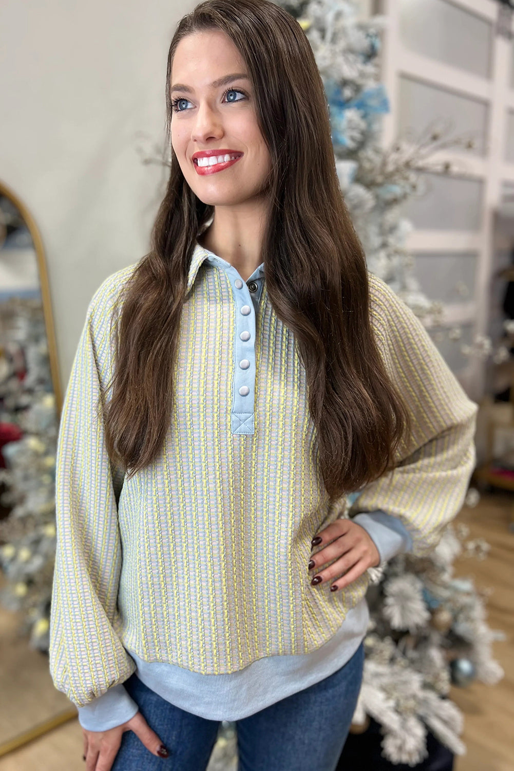 Beau Blue Striped Henley Collar Textured Sweatshirt 7ca2cac46832b9b2