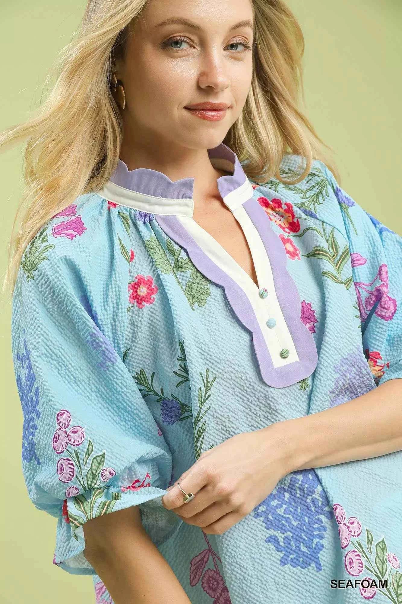 Umgee Floral Puff Sleeve Blouse with Scallop Trim Collar 7ca450ba-0b59-45d8-b121-542cc31ac97f-Max-Origin