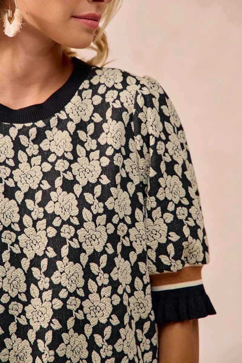 BiBi Textured Rose Knit Top Contrast Banded Puff Sleeve 7ca7a30d-775b-479b-a646-5c65734200fc-Max-Origin