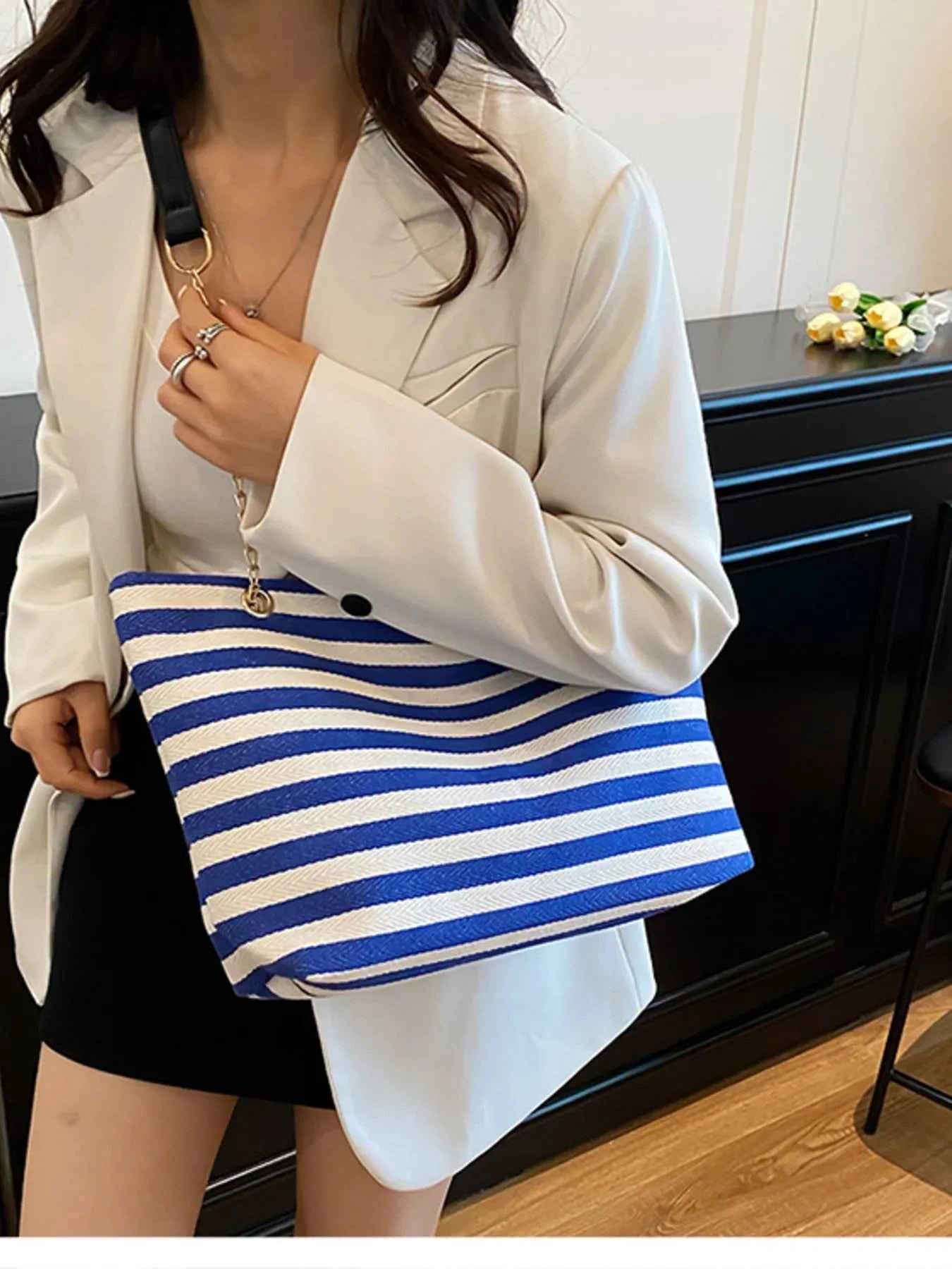 Striped Shoulder Bag with Chain Detail Blue One Size 7ca8f1a33244447aaee1e14d19ef283e-Max-Origin