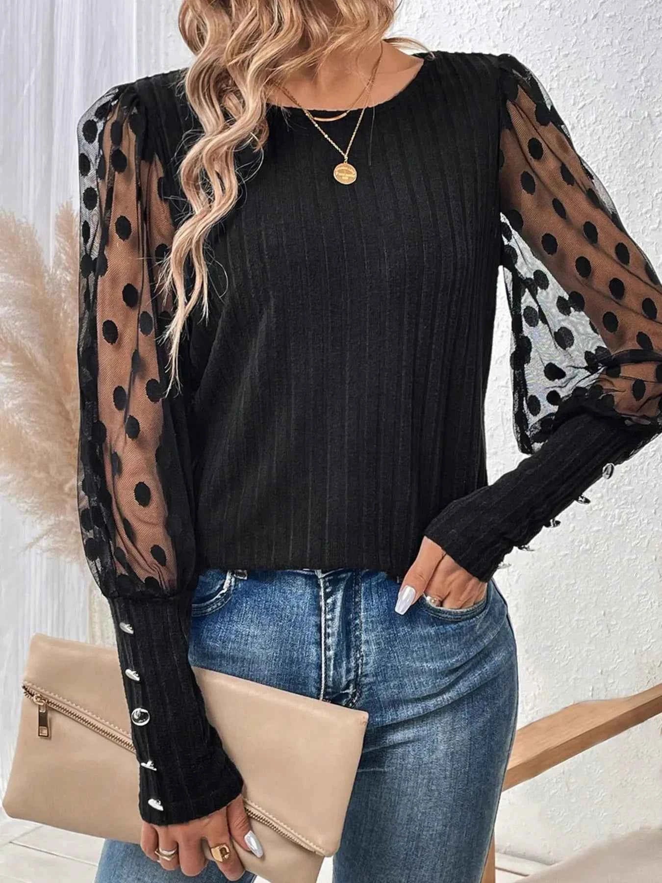 Polka Dot Sheer Sleeve Blouse Black 7cb7a90c6af9456d9a8cd2fccfa7e9d8-Max-Origin