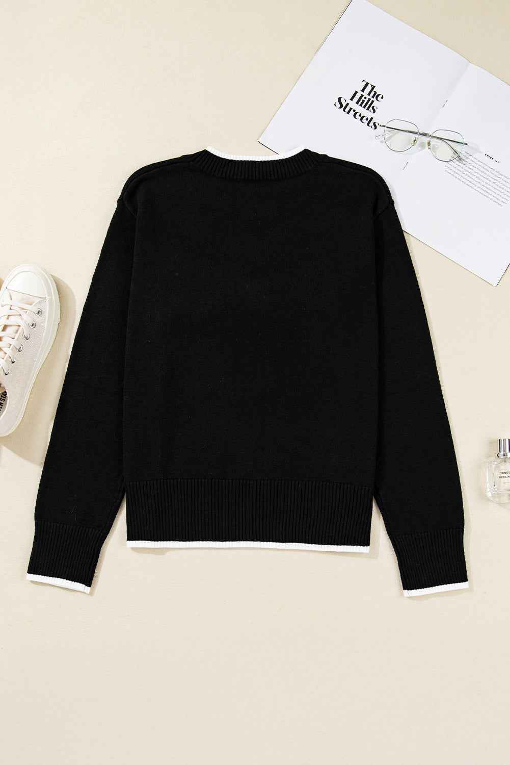 Black Contrast Trim Big Bow Accent Cropped Sweater 7cb974c4e567531b