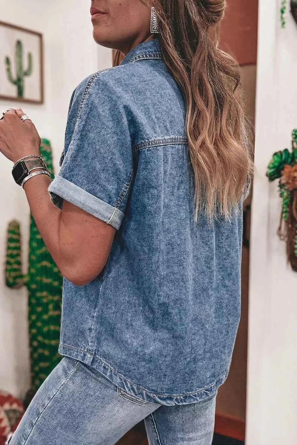 Button Flap Pocket Cuffed Short Sleeve Denim Shacket