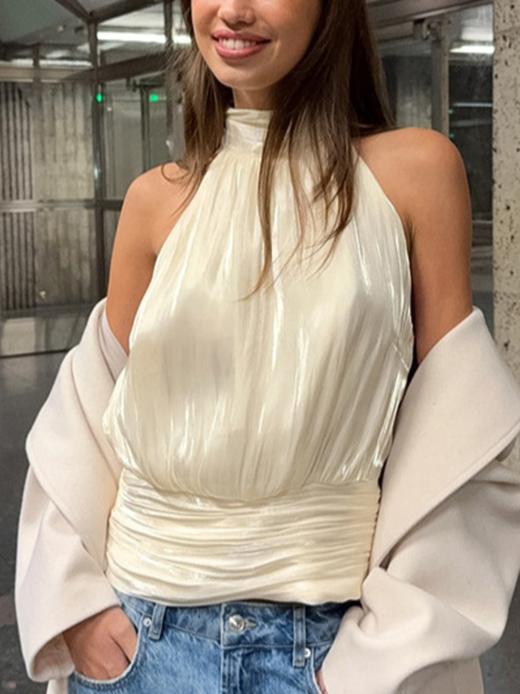 Halter Neck Ruched Cami Top Cream 7cba59a02ad84db39667f1d25be1bfee-Max